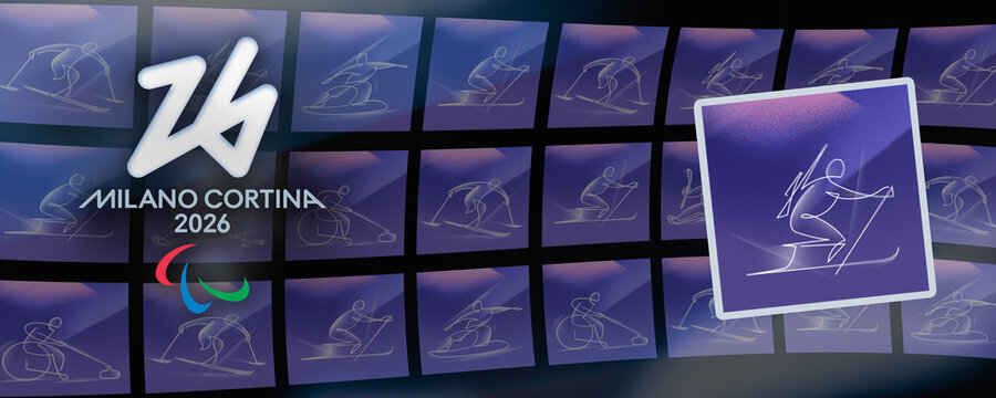 MILAN, ITALY, FEBRUARY 4 2026. Digital screen with Futura Paralympic emblem and Agitos symbol next to a highlighted box of the para biathlon pictogram on a grid background of winter sports icons