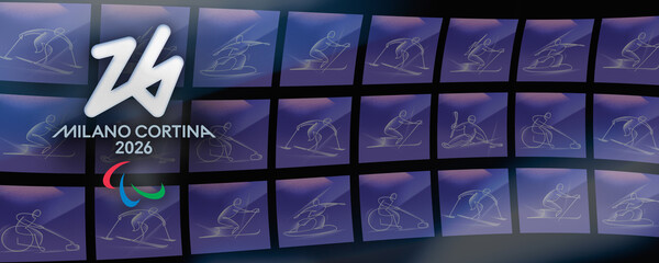 Naklejka premium MILAN, ITALY, FEBRUARY 4 2026. Official logo of Milano Cortina 2026 Winter Paralympic Games and Agitos symbol over a background grid featuring white line art pictograms of all winter paralympic sports