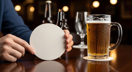 Man holding a blank round coaster next to a beer mug in a bar.