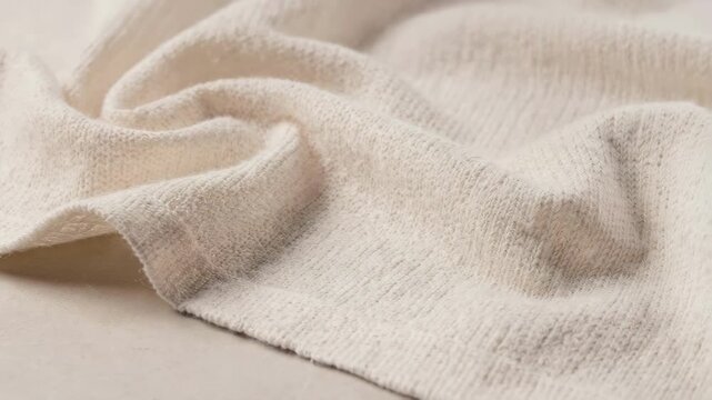 Medium shot showcasing undyed interlock knit fabric with natural fibers and soft folds emphasizing ecofriendly babywear material with breathable gentle qualities.