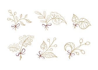 Fototapeta premium Hand drawn winter botanical branches with bows. Minimal line foliage elements
