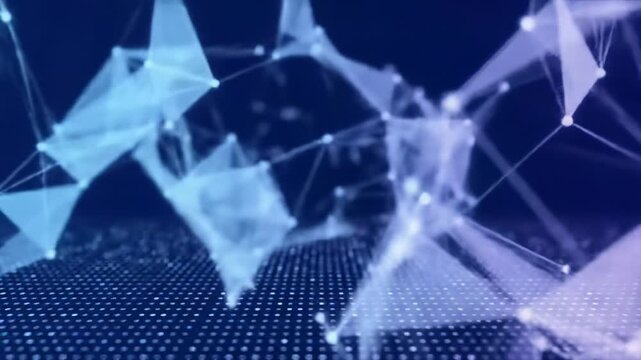 High-res 4K abstract motion graphics video of translucent blue and purple geometric shapes, including polygons and crystalline structures, fluidly morphing with a luminescent grid underlay and slow