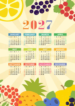 Calendar 2027. Wall poster. Organic healthy food. Color fruits and berries sketch menu. Fresh rowan, apple, lemon, pineapple, red currants, blueberry and chokeberry
