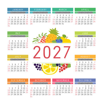 Calendar 2027. Color fruits and berries sketch menu