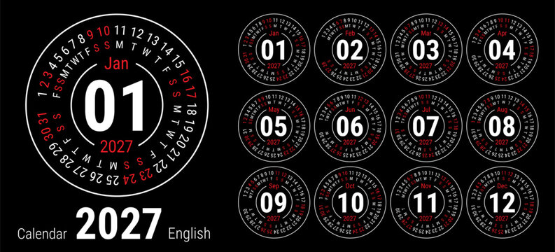 Calendar 2027. Vector English round calender. January, February, March, April, May, June, July, August, September, October, November, December. Sunday. Design template. Circle. Black color
