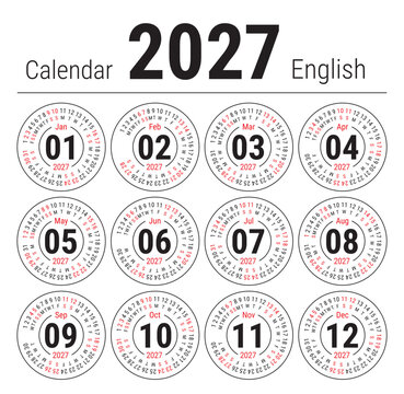 Calendar 2027. Vector English round calender