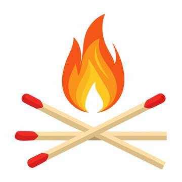 A Blaze Ignites: Campfire Illustration with Crossed Matches and Vibrant Flames Representing Warmth and Outdoor Adventure