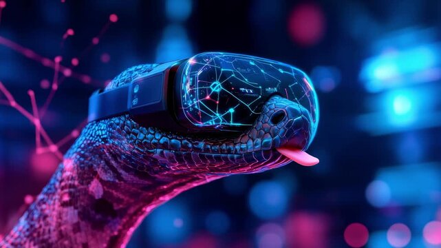 Neon cybernetic reptile experiencing virtual reality in futuristic glowing environment