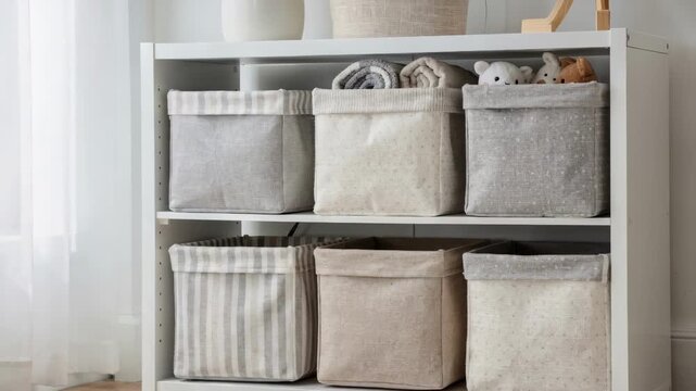 Medium shot of fabric storage bin liners tailored for home use arranged in decorative rigid containers demonstrating stylish and functional organization.