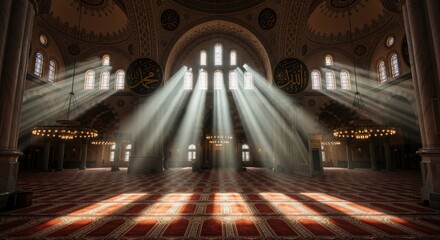 Fototapeta premium Sunlight streaming through windows in a grand mosque interior.