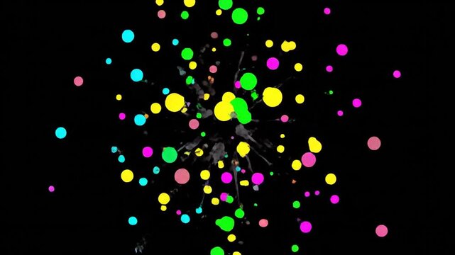 Abstract digital illustration with overlapping cyan and magenta circles connected by curved lines and four colorful corner dots on black background