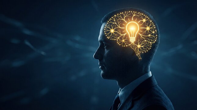Businessman with glowing lightbulb idea in head for innovation and creativity