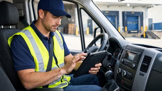 Delivery driver using tablet in van near warehouse.
