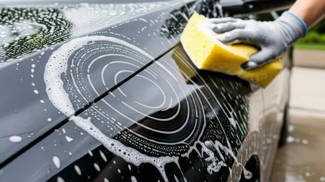 Close-up of hand in glove washing black car with yellow sponge and soap foam