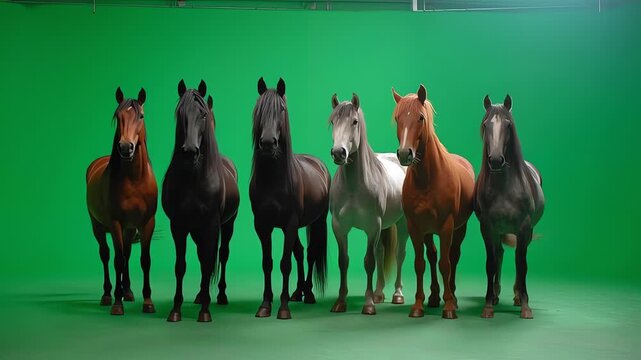 Six Magnificent Horses Stand Against Green Screen Chroma Key Studio