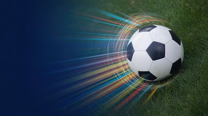 Naklejka premium Vibrant 2026 Football World Cup Soccer Ball on Grass with Colorful Light Trails Dynamic Energy
