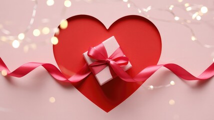 Romantic Valentine's Day gift wrapped in red ribbon on heart shaped background