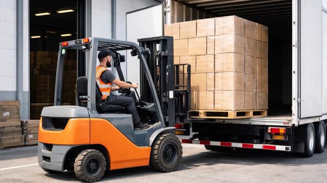 Worker loading pallet with a forklift into a truck.
