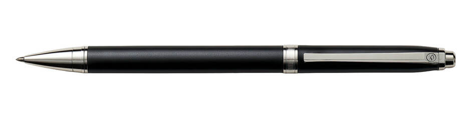 Fototapeta premium Sleek black pen with silver accents, against a black background. Focused detail