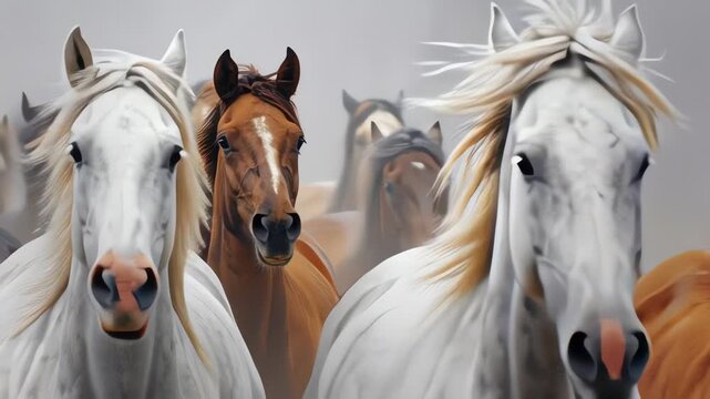 Herd of Wild Horses Galloping in Dramatic Dusty Field