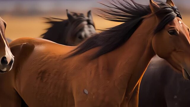 Wild Horses Running Across Plains Dust Kicking Up