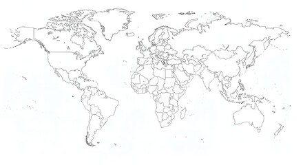 Fototapeta premium World Map Outline on White Background, Minimal Global Geography Template, International Travel and Education Concept, Black Line Cartography Illustration