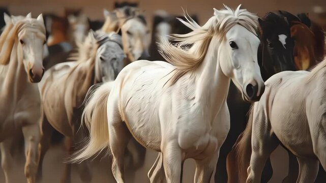 Wild horses stampeding across open dusty terrain powerful dynamic shot
