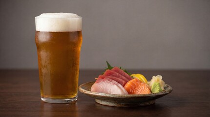 Cold glass of beer with creamy foam served beside fresh sashimi including tuna, salmon and yellowtail on a ceramic plate over a dark wooden table.
