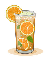 Refreshing orange iced tea with mint leaves and ice in glass - Vector Illustration © powdesign