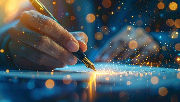 Hand holding fountain pen writing on paper with glowing bokeh lights