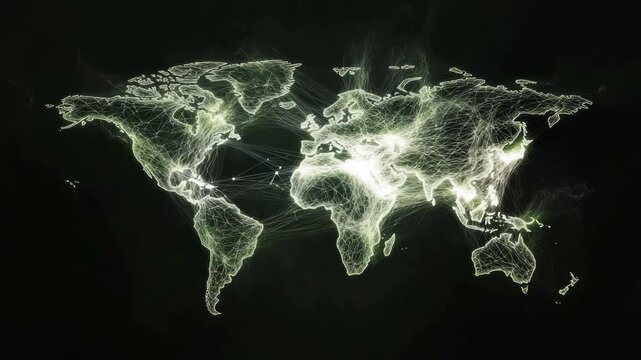 Digital network connections across a world map with dynamic glowing lines