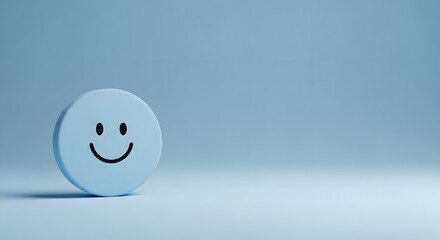 A single light blue smiley face button on a soft blue background
