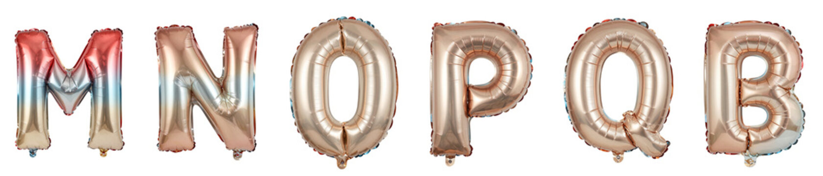 The image is a close up of a bunch of balloons with the letters M, N, O, P, Q, R, and B