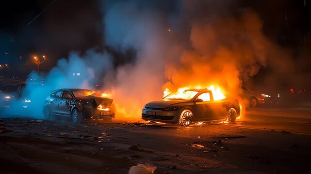 Burning Cars Fire Emergency On Road At Night