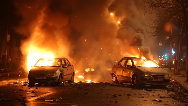 Burning Cars on City Street at Night Riot Destruction Fire