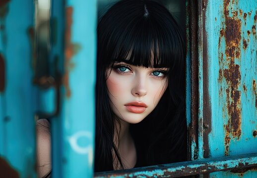 Close-up portrait of beautiful young woman with dark bangs looking directly through weathered turquoise rusted metal window frame.