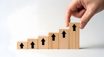 Wooden blocks stacked as a rising graph with hand adding one