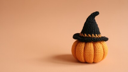 Handmade knitted pumpkin with witch hat for Halloween decoration