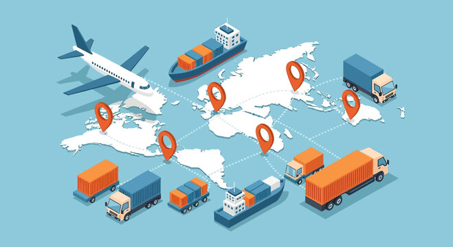 Global Logistics Network with World Map and Various Transport Modes.