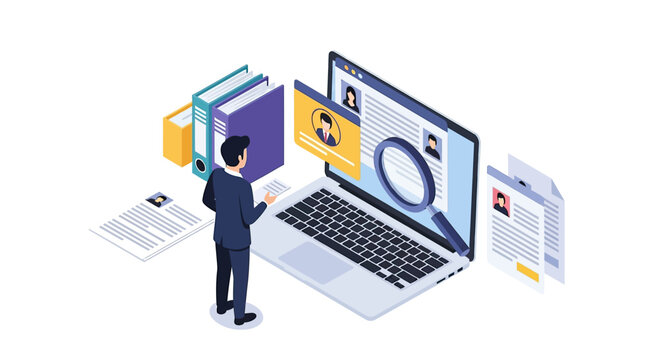 Isometric illustration of a businessman reviewing resumes on a laptop, symbolizing online recruitment and human resources management.