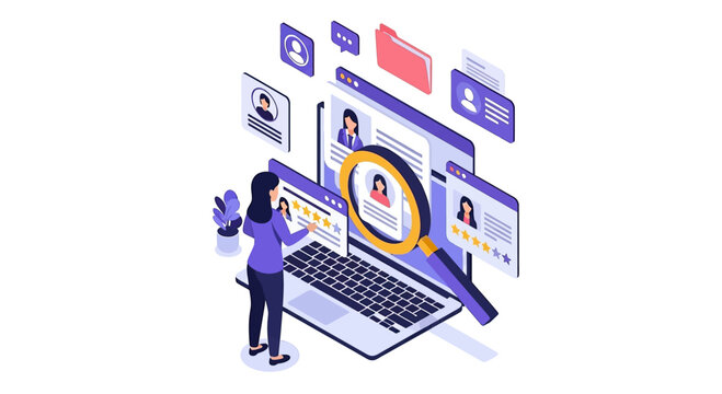 Isometric illustration of a woman searching for job candidates online.