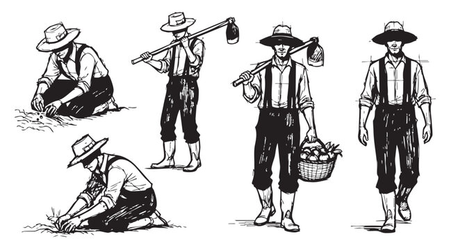 Black and white sketch illustration depicting Amish farmers planting seeds, carrying hoes, and harvesting crops with a basket, evoking rural life.