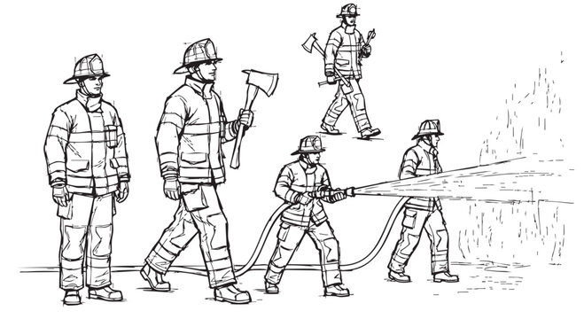 Black and white line art depicting firefighters working, including one aiming a hose and others with tools.