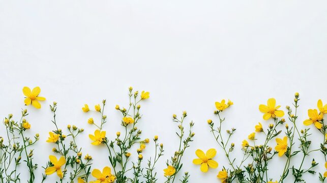 Thin horizontal line of tiny yellow flowers with slender stems running along bottom edge on white background