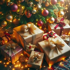 Gifts elegantly wrapped and placed under the Christmas tree.