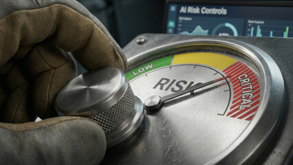 AI risk controls concept with hand adjusting metal dial on risk meter pointing to critical level