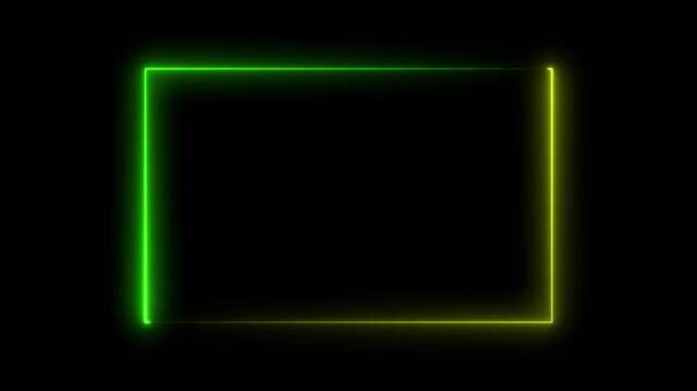 Neon Rectangle Picture Frame Icon Animation Glowing Yellow and green Color neon box round shape screen rotation border frame effect seamless footage smooth line wallpaper on black background
