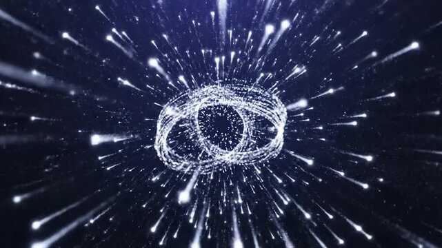 Abstract, glowing, star-like burst radiating from a central, ring-shaped core. Sparkling, flowing
