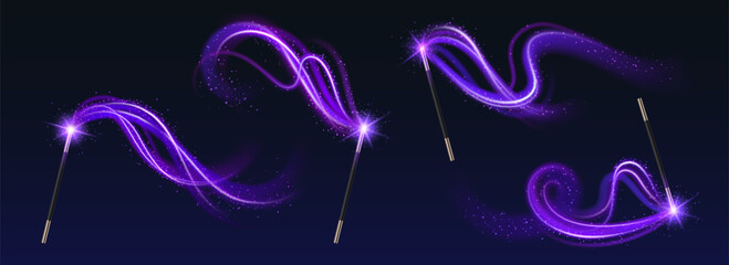 Naklejka premium Magic wand with glowing light trail and sparkles realistic vector illustrations. Enchanting spell effect on dark background with shimmering particles and magical energy swirls