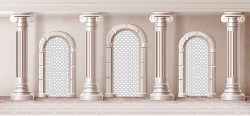 Naklejka premium Ancient greek or roman arch with marble columns, classical pillar design background. Realistic vector illustration of greece temple architecture with stone colonnade and ornate entrance portal.